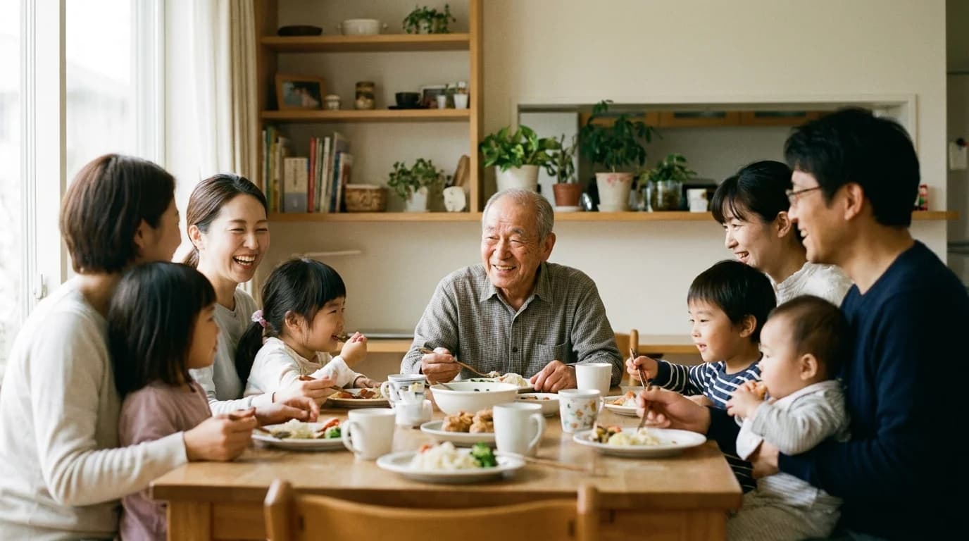 A multigenerational family gathered around a table at home